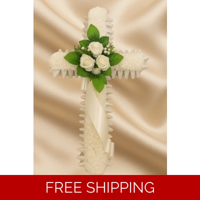 White Cross Funeral Tribute – Elegant Artificial Sympathy Arrangement